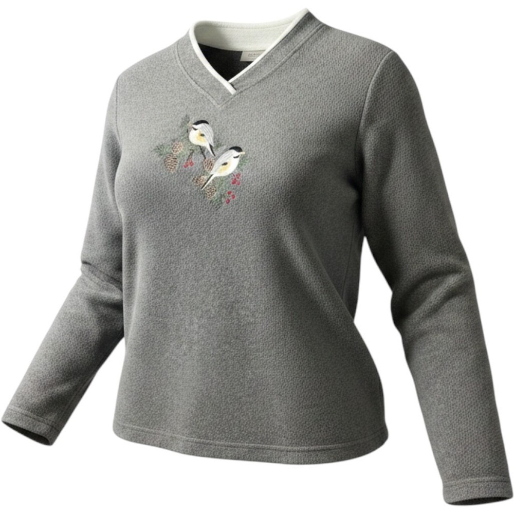 Croft & Barrow Vintage Gray Fleece Chickadee Embroidered Mock V-Neck Pullover 2X